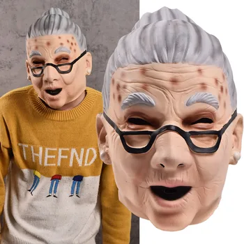 

Creepy Party Front Face Masquerade Mask Halloween Prop Ugly Wrinkled Glasses Women Granny Fancy Dress Prop Mask with Grey Hair