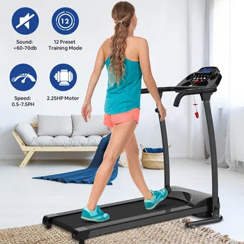 

0.5-7.5 mph Folding Treadmill Black Detect Heart Rate Electric Walking Machine With Led Display Indoor Equipment For Home Gym