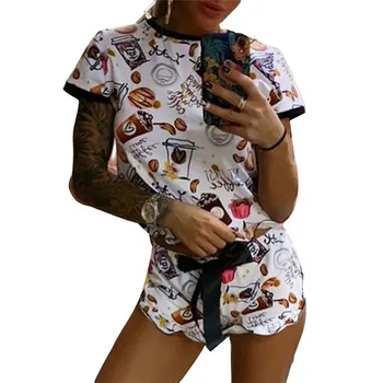

Women Home Pajama Sets Round Collar Beverage Printed Loose T-Shirt Tops Lace-Up Elastic Shorts Set Ladies Sleepwear Outfits