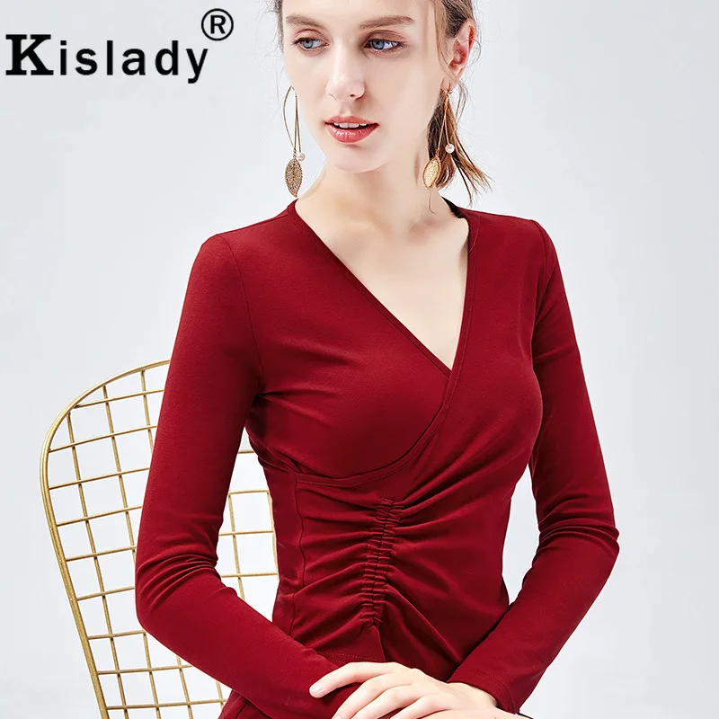 Kislady Осенняя Женская Асимметричная приталенная рубашка с глубоким v-образным вырезом и длинным рукавом, приталенная элегантная женская верхняя одежда размера плюс