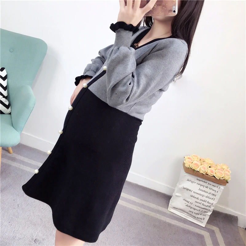 winter fashion maternity dress large size tide mom Korean version of the knit dress new sweater