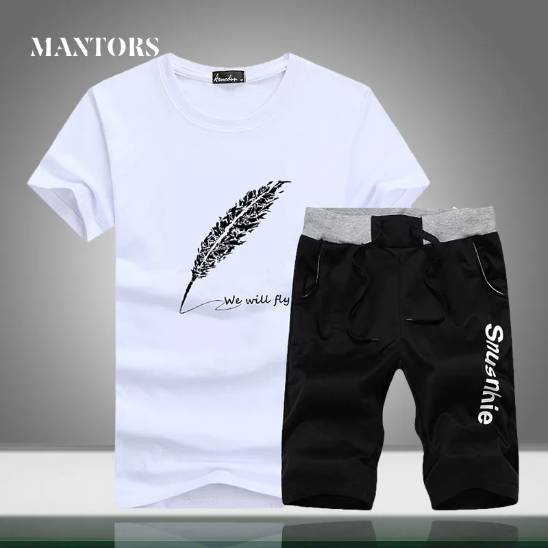 

Summer Men Casual Tracksuit New Trend Sets Feather Printing Slim Fit Men's Sportswear T-shirt+Shorts 2PC Sport Suit Gyms O-Neck