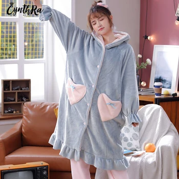 

CYNTHRA Sleepwear Women's Autumn Winter Cute Kawaii Flannel Thick Loose Large Size Long-sleeved Comfort Soft Ladies Pamajas Sets