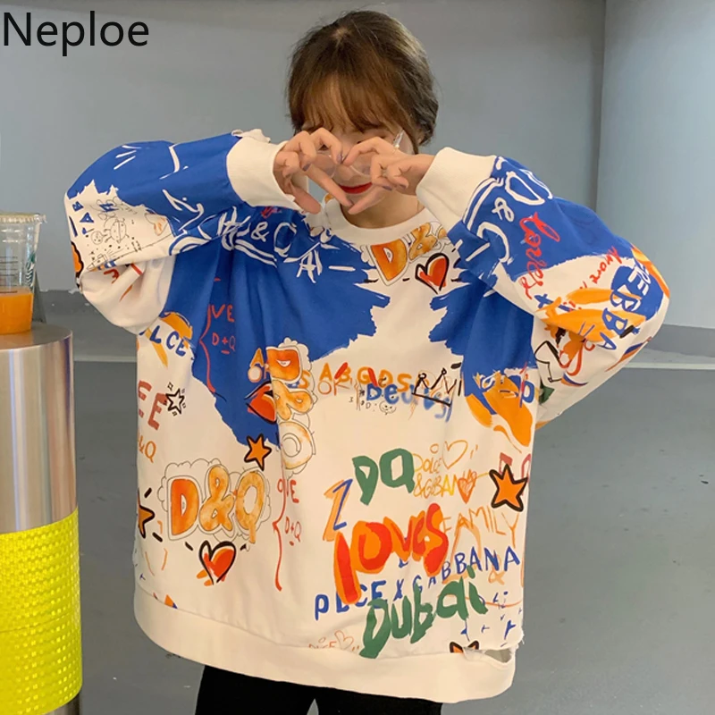 Neploe Harajuku стиль граффити печати толстовка с капюшоном свободные Bf Ins средней длины пуловер осень весна новые карманные толстовки 47414