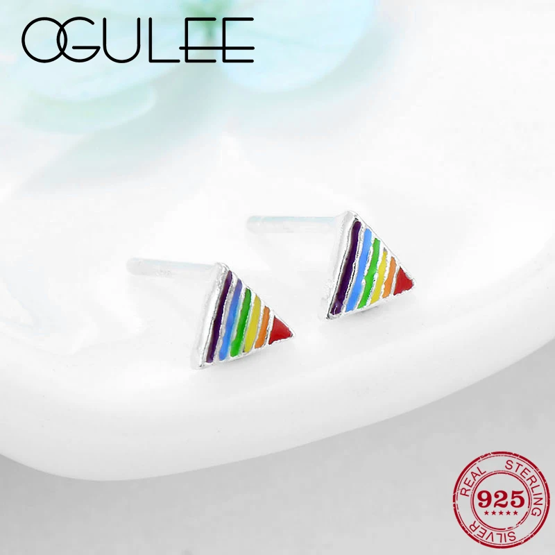 2019 Fashoin Colorful Triangle Enamel Earrings 925 Sterling Silver geometric Rainbow Stud Party Jewelry Women Gift | Украшения и