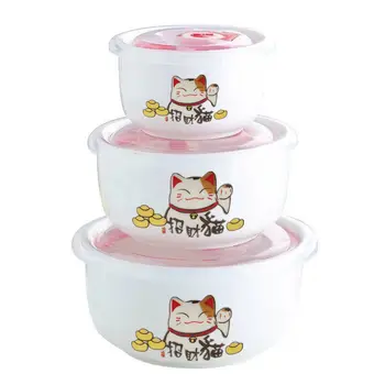 

Ceramic Household Rice Bowl Instant Noodle Bowl Freshness Bowl Three-piece Set Microwave Oven Bowl with Lid Small Medium Large