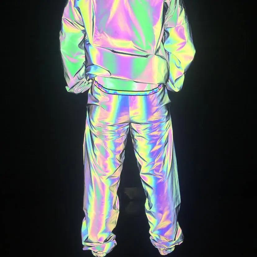 

2019 New Style Rainbow Color Fully Reflective Trousers Europe And America INS Hot Selling Hip Hop Hip Hop Loose-Fit Colorful Tro