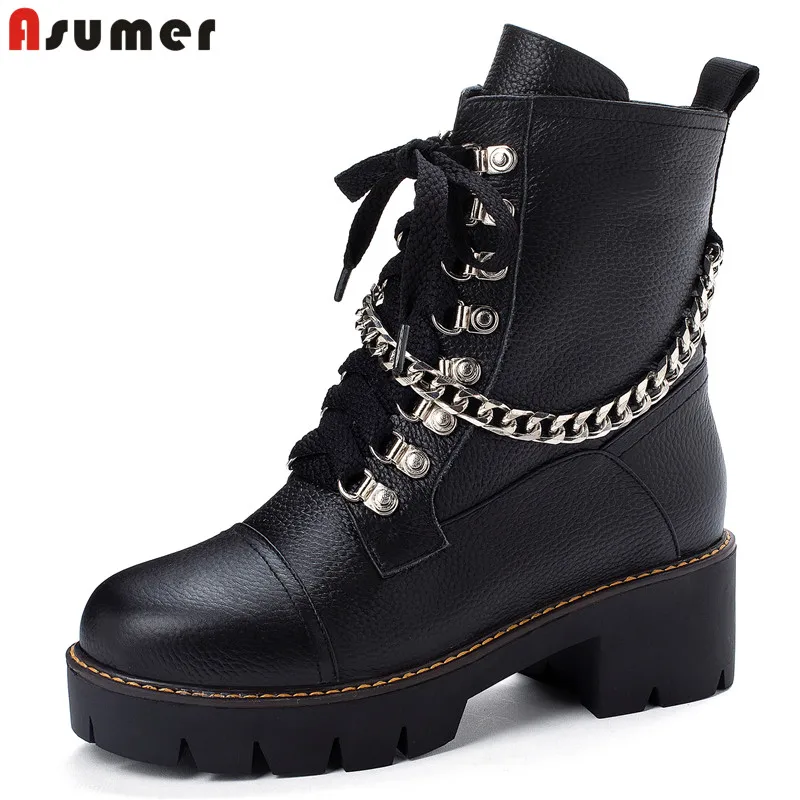 ASUMER 2020 new Genuine Leather boots women chain lace up punk platform ankle ladies short shoes autumn winter snow | Обувь