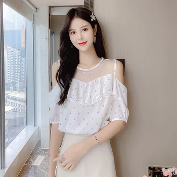 

Fashion Women Blouse Mesh Shirt Women Shirts 2020 Casual Polka Dot Ruffle Female Shirt Blusas Mujer De Moda
