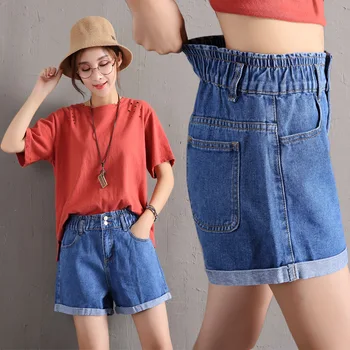 

Large Plu Size Short Jeans For Women Summer Elastic Waist Short Jeans Woman Folded Hem High Waist Wide Leg Jeans Shorts Denim