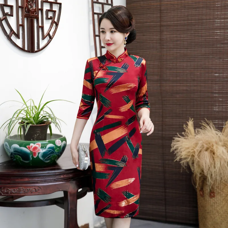 Сексуальное Платье До Колена Cheongsam, весеннее винтажное платье в китайском стиле, модное женское велюровое платье Qipao, тонкое вечернее платье на пуговицах, Vestido M-4XL