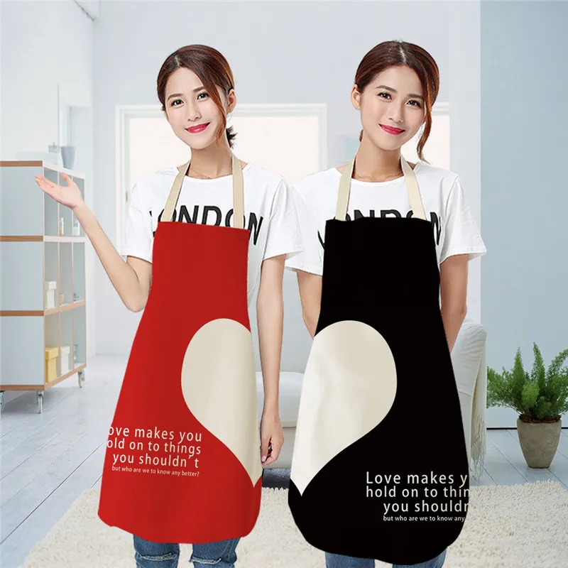 Love Heart Printed Kitchen Aprons for Women Mr Mrs Cotton Linen Home Cooking Baking Waist Bib Pinafore Cleaning Tools