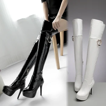 

Women over-the-knee boots Patent leather Metal decoration high heels European and American sexy Thigh boots women platform boots