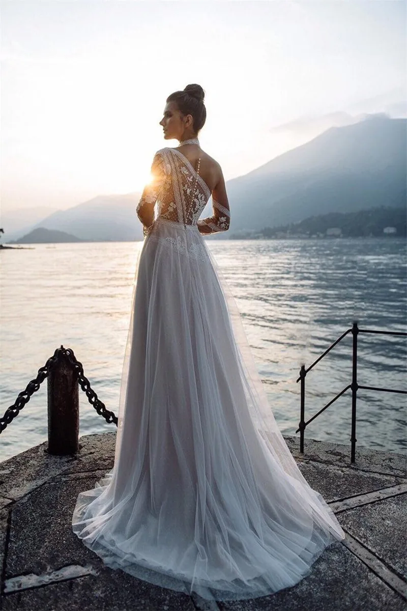 Customized Boho Long Sleeves Wedding Dresses 2025 White Dots Appliques Lace Bridal Gowns Tulle Beach Bohemian Party Floor Lenth 2