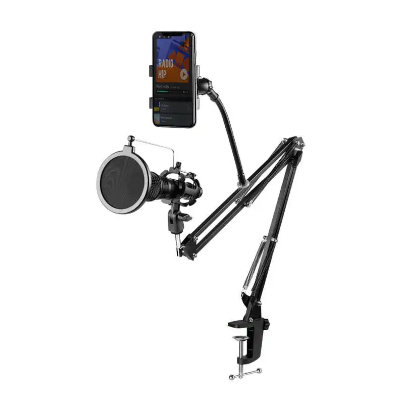 

Adjustable Recording Microphone Suspension Boom Scissor Arm Stand+Mic Wind P op Filter+Shock Mount+Phone Holder Black