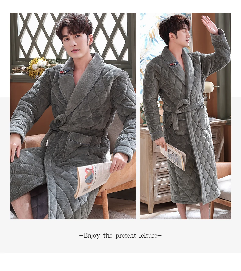 Men's Winter Warm Robes Thick Lengthened Flannel Quilted Shawl Bathrobe Kimono Home Clothes Long Sleeve Robe Coat peignoir homme