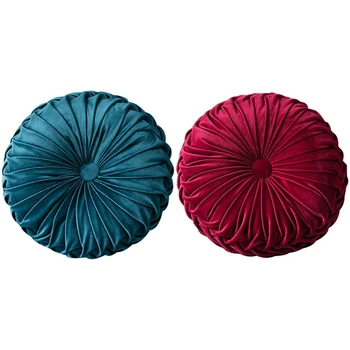 

2x Round Floor Luxury Velvet Pumpkin Pleated Cushion Pouf Cover Throw Pillow Home Sofa Mat(Navy Blue&Red)