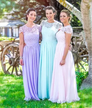 

Candy Color Bridesmaid Dresses Lace Bodice Short Sleeves Wedding Guests Dress Women Long Party Gown