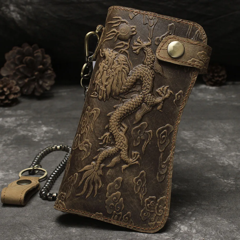Light brown-dragon Ретро Для мужчин, Сумки из натуральной кожи кожаные длинные Анти-кражи кошелька Для мужчин, Сумки из натуральной кожи кольцо для ключей Для мужчин кошелек - Цвет: Light brown-dragon
