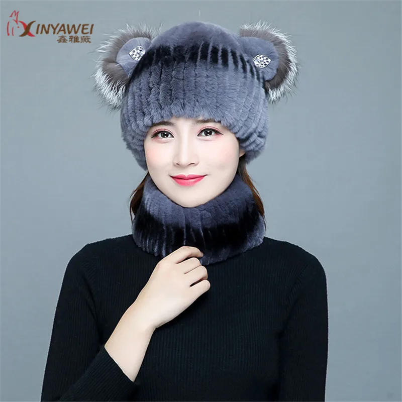Blue black Большой натуральный Женский Рекс Кролик Имитация кошачьих ушей мех Русская Шапка-ушанка Зимняя Толстая теплая Мода ушной шлем летчика - Цвет: Blue black