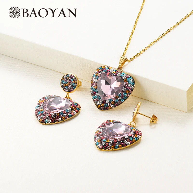 

Baoyan Big Crystal Heart Jewelry Set Cubic Zircon Wedding Bridal Jewelry Sets Luxury Gold Stainless Steel Jewelry Sets For Women