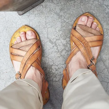 

Men Handmade Weave Vintage Shoes 2020 Summer Footwear High Quality Cowhide Outside Designer Open Toe Flat Mens Gladiator Sandals