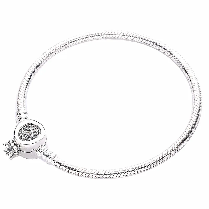 New 925 Sterling Silver Bracelet Crystal Moments Crown O Clasp Snake Chain Bracelet Bangle Fit Bead Charm Diy Europe Jewelry
