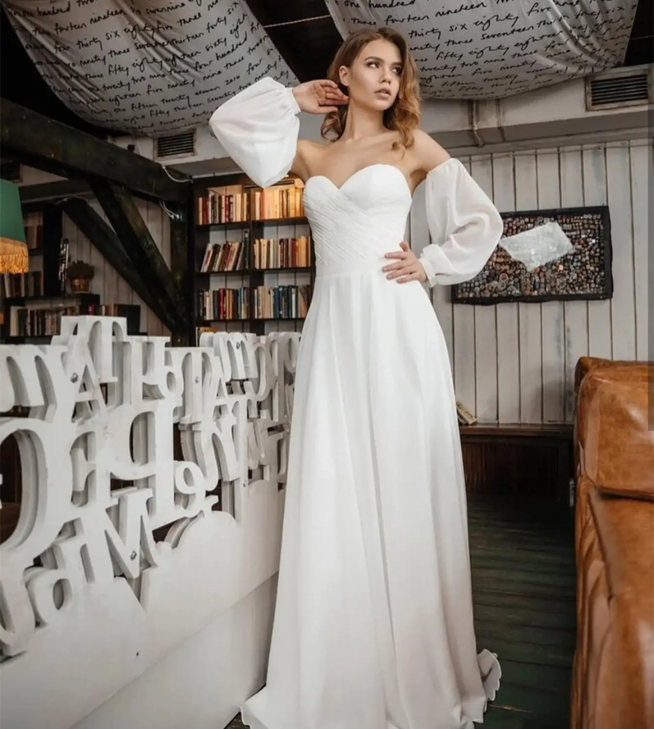 

Wedding Dress 2021 Sweetheart Chiffon Long Puff Sleeve A-Line 2021 Court Train Simple Cheap robe de mariage Elegant Pleat Beach