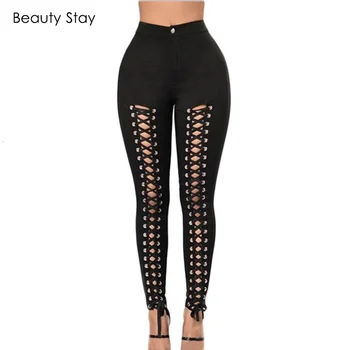 

BeautyStay Sexy Hollow Out Spandex Leggings Women Summer Elastic Cut Out Skinny Black Pants Cross Strap Bandage Casual Jeggings