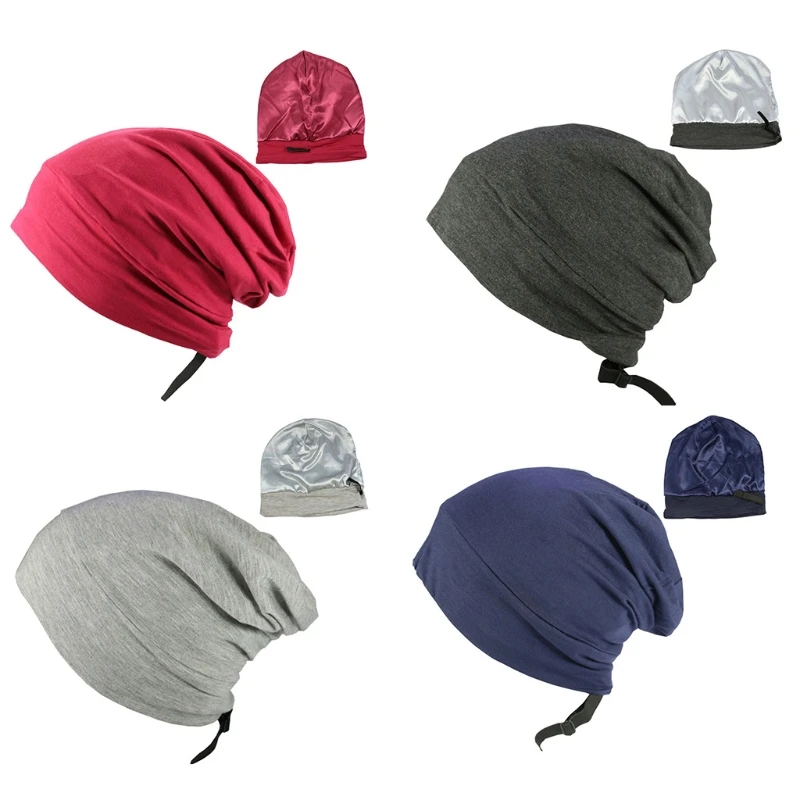 Satin Lined Sleep Cap Hair Cover Bonnet Adjustable Elastic Silky Slouchy Skull Beanie Solid Color Night Sleeping Hat Turban M6CD |