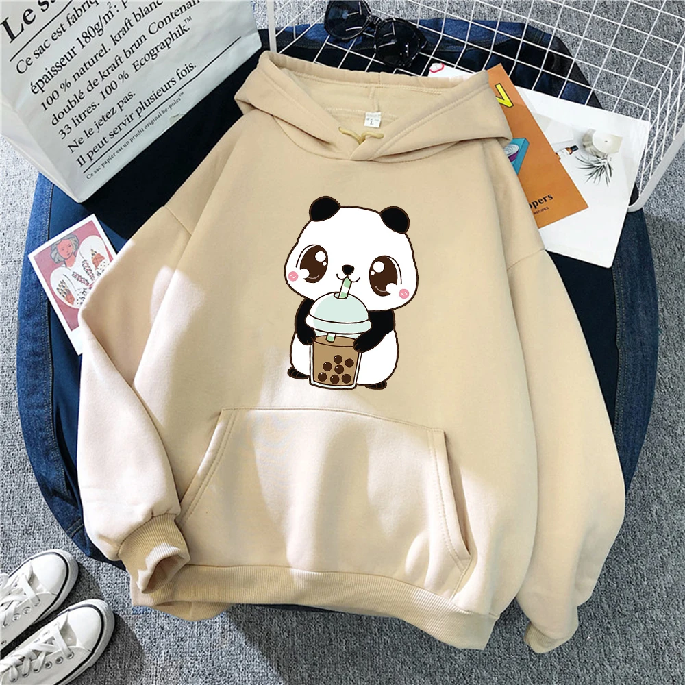 Hoody Little Panda Drinking Milk Tea Print Hoodie Streetwear Cute Winter Clothes Womens Oversized Loose Sweatshirts Women 2021 sweatshirts