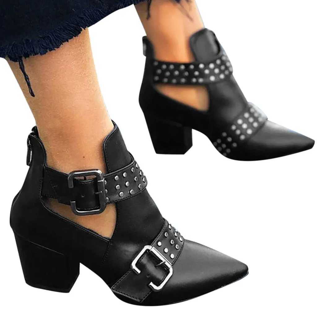 

Vintage Hollow out Martins Boots For Woman Fashion Rivet Buckle Strap Ankle Boots Platform Square heel red Leather Boots Women