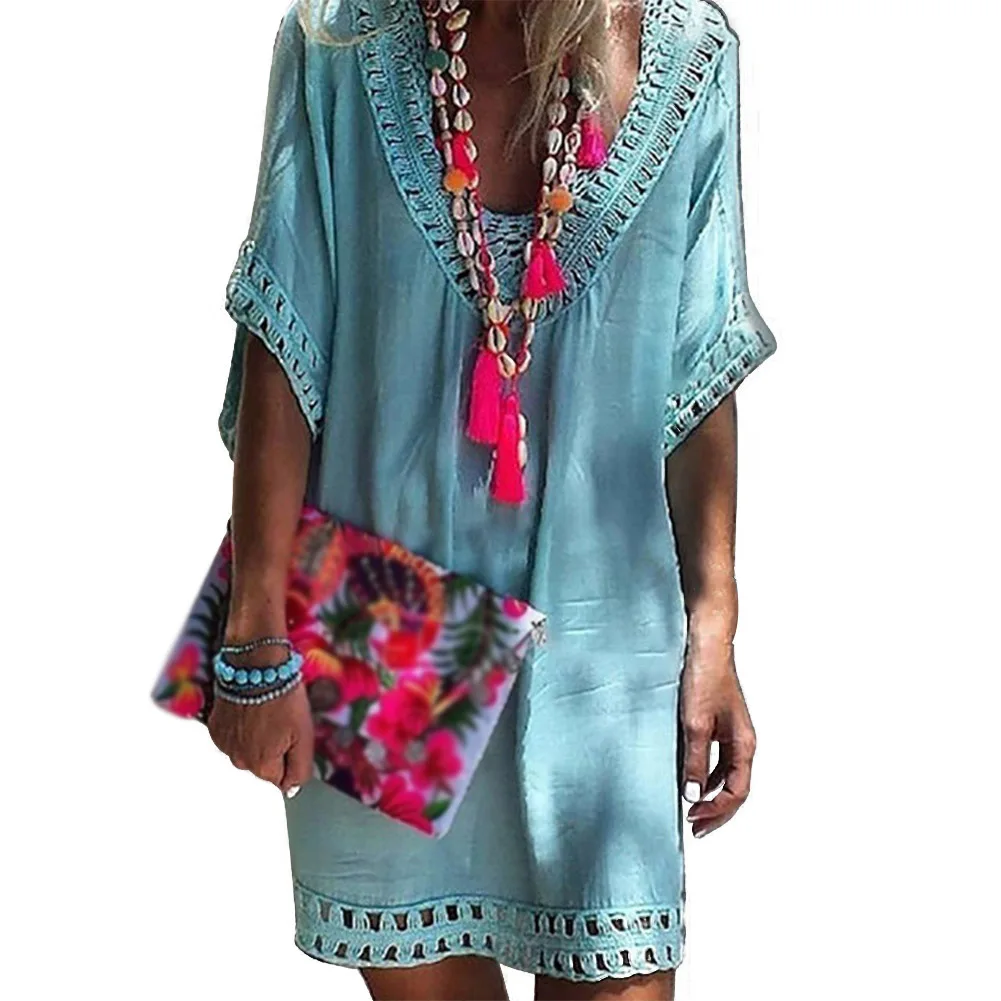 Light Blue Женское летнее модное пляжное мини-платье с коротким рукавом и v-образным вырезом, один размер - Цвет: Light Blue