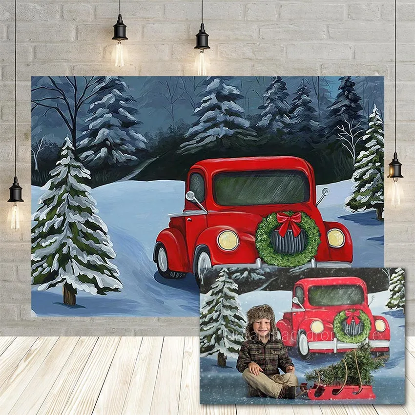 

Mehofond Winter Christmas Backdrop Painting Snow Forest Red Car Baby Birthday Portrait Photography Background Decor Photo Studio