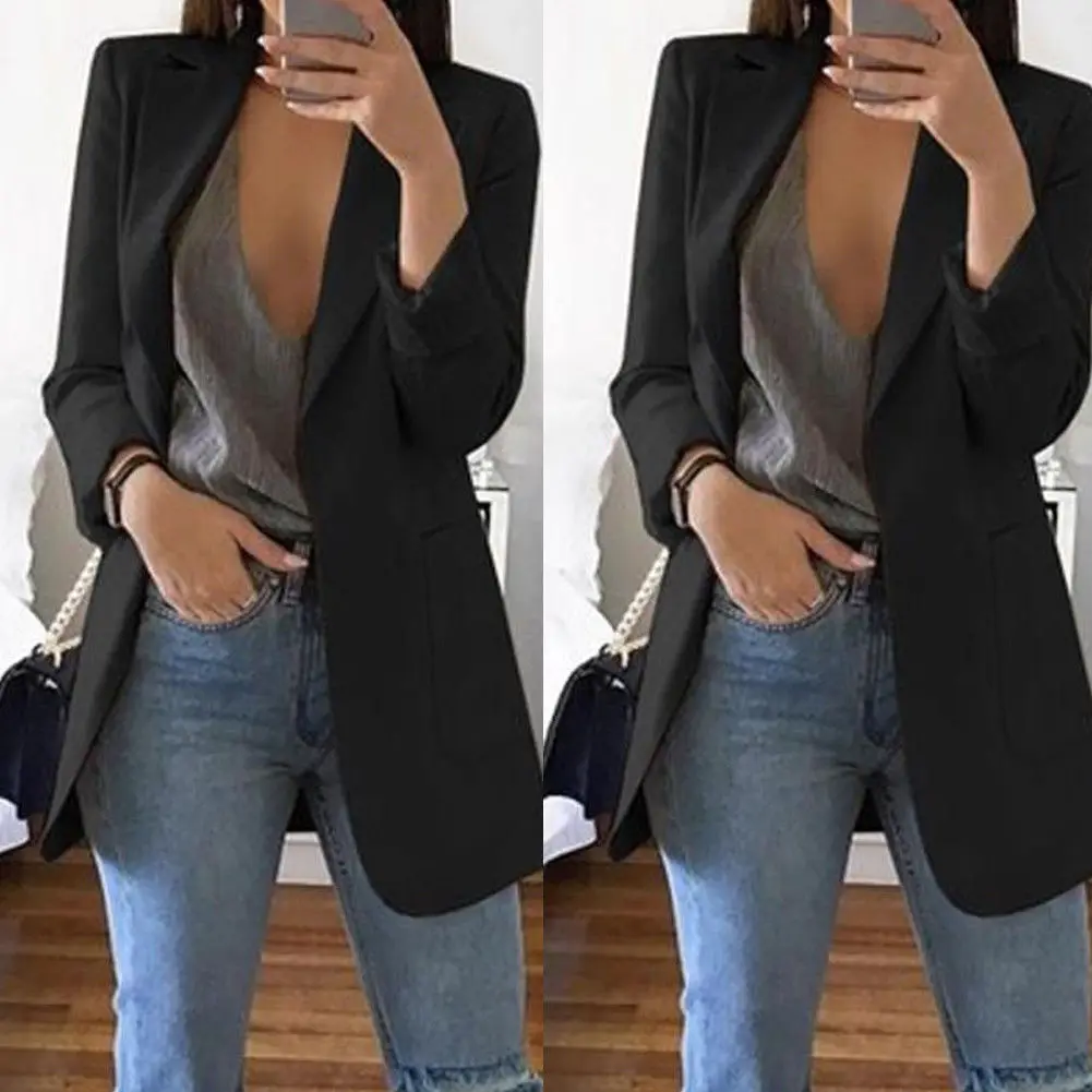 Fashion Slim Blazers Women Autumn Suit Jacket Female Work Office Lady Suit Black with Pockets Business Notched Blazer Coat