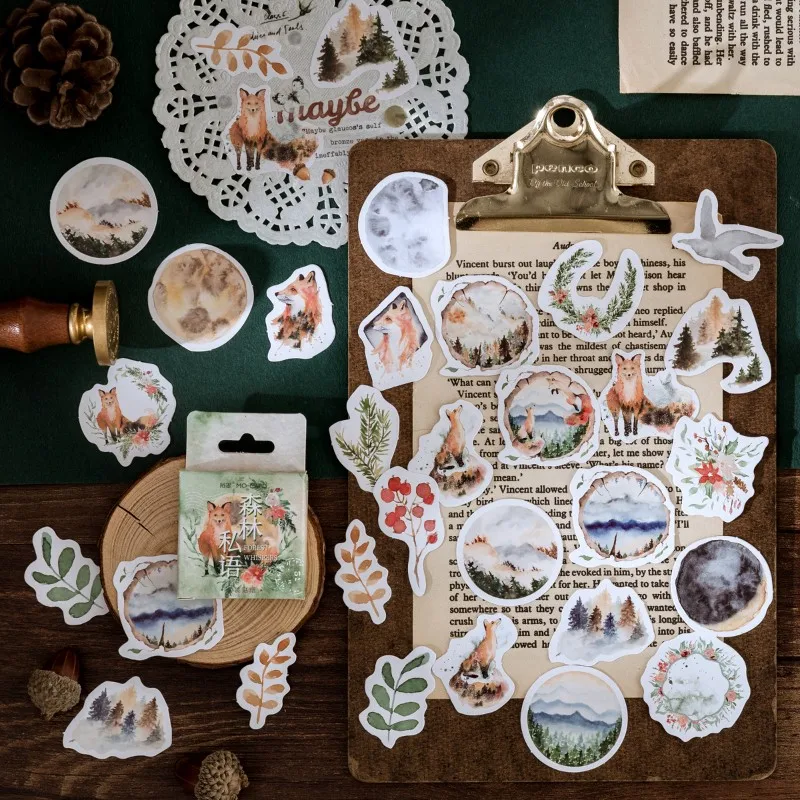 40 팩 도매 박스 스티커 수제 안개가 자욱한 숲 동물 스티커 종이 종이 장식 일기 Scrapbooking 미니 북마크 4CM