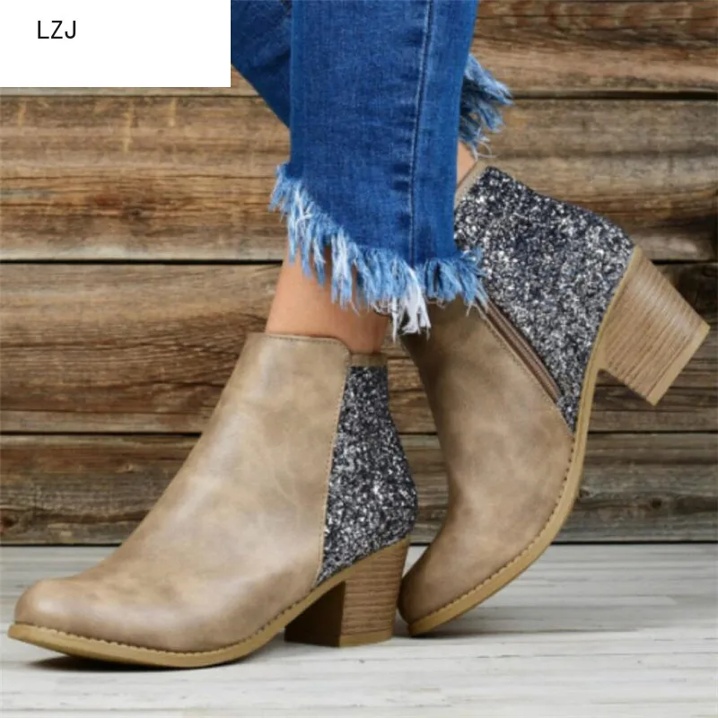 

LZJ 2019 Autumn New Women's Fashion Bling Square Heel Basic Boots Lady Casual Solid Color Zipper Ankle Boots Big Size 35-43