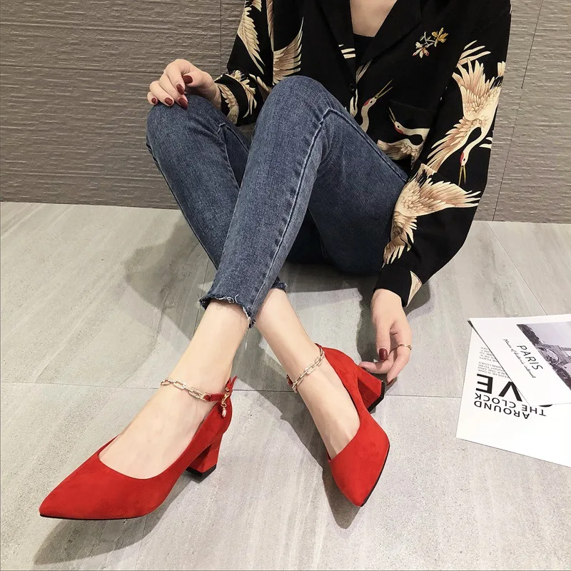 

Suede Chunky-Heel Pointed Toe High Heel Shoes WOMEN'S Sandals Four Seasons New Style Chain A- line Buckle Business WOMEN'S Shoes