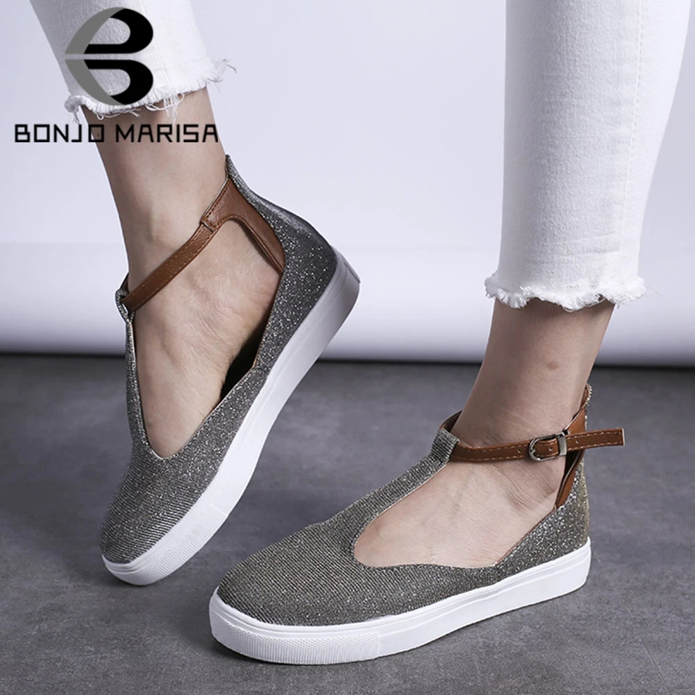 

BONJOMARISA INS Hot Sale Elegant Round Toe Flats Fashion Flat Platform Flats Women 2020 Cool Metallic Shoes Woman