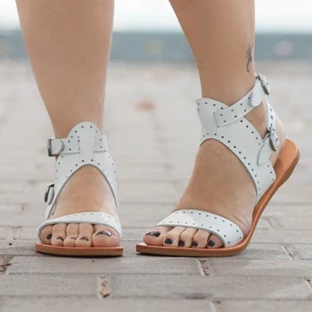 

Belted Buckle Flat Sandals Solid White Hollow Out Women Gladiator Rubber Rome Shoes Ankle Straps Fashion Ladies PU Sandals D30