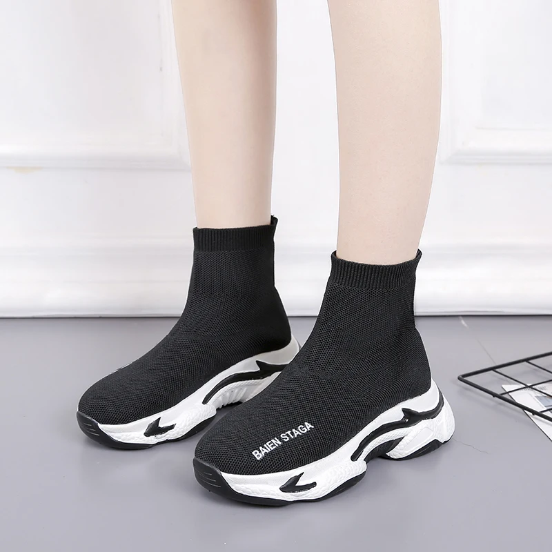 

Black Breathable Stretch Fabric High Top Sneakers Women Knitted Thick Sole Sock Sneakers Women Casual Shoes 2020