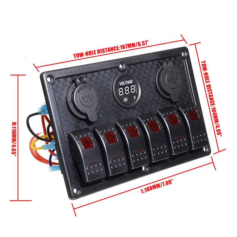 6 Gang Red LED Car Switch Panel 12V 24V Circuit Breakers Overload Protect Boat Rocker Switch Control Panel Set