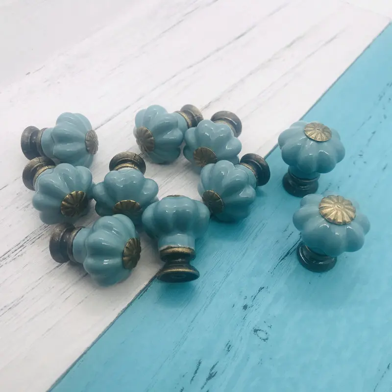 10x Children Room Drawer Handles Blue Pumpkin Ceramic Dresser Knob Cute Cabinet Door Handles and Cupboard Knobs with Screws