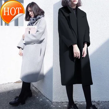 

Lady Loose Women Long Office Wool Blend Coat Turn-down Collar Cashmere Jacket Single Button Solid Ladies Coats