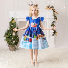 Royal Blue Christmas Dress for Girls Ceremony Pageant Gown New Year Kids Princess Printing Short Clothes Children Dresses
