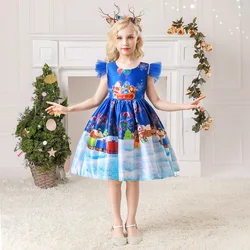 Royal Blue Christmas Dress for Girls Ceremony Pageant Gown New Year Kids Princess Printing Short Clothes Children Dresses