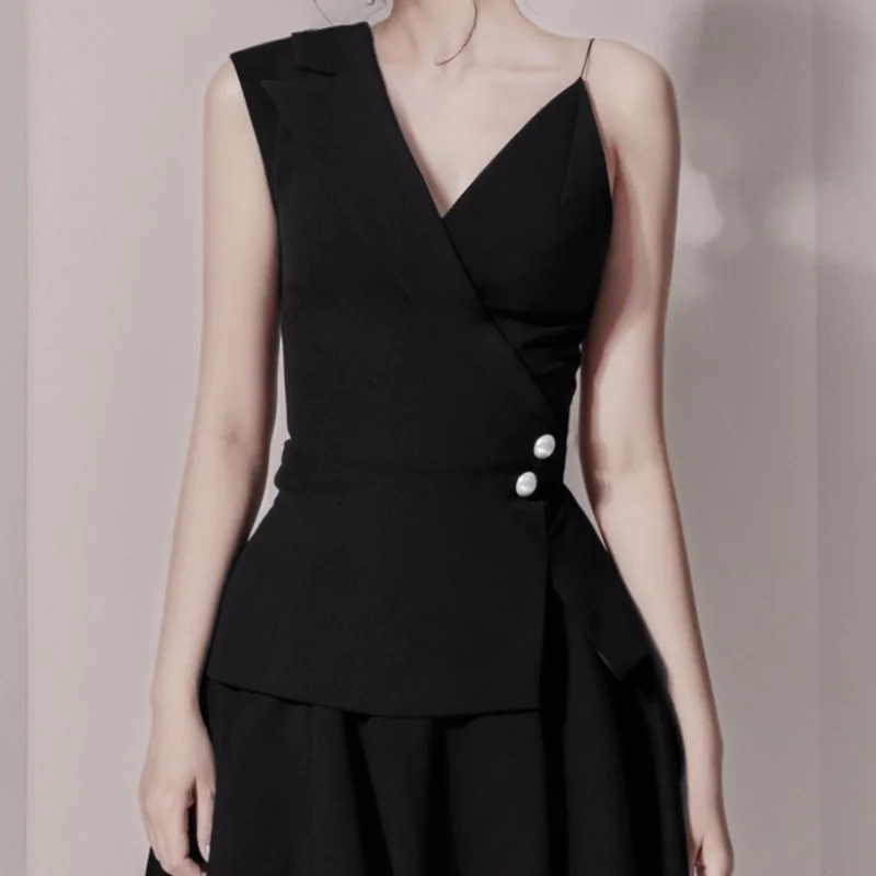

2019 Spring And Summer Korean-style Elegant Non-symmetrical Strap CHIC Slim Fit Slimming Daily Life V-neck Dress Women's
