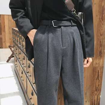 

Men Business Casual Elastic Waist Suit Pant with Belt Vintage Fashion Autumn Winter Male Woolen Thick Suit Trousers Black Gray