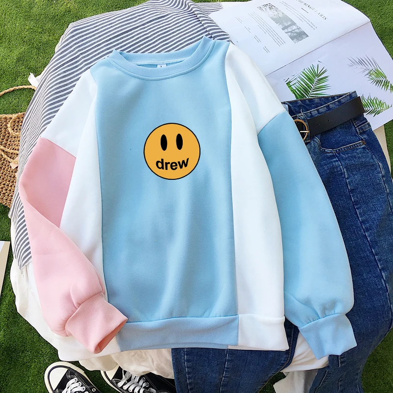 blue Джастин Бибер, Drew Smil, принт лица, толстовки, Толстовка Kanye West, женские, Harajuku Kawaii, цветные блоки, пэчворк, o-образный вырез, флисовые Топы - Цвет: blue