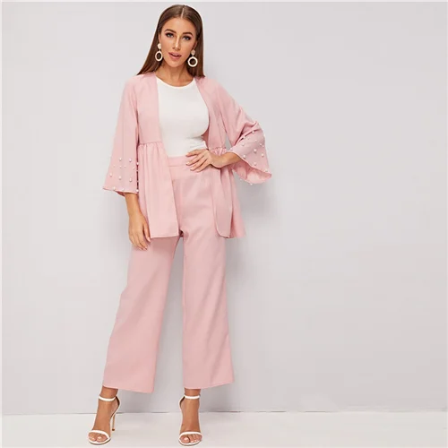 SHEIN светло-розовое жемчужное пальто с бисером и широкими штанинами Осенние Женский комплект 2 шт. элегантные офисные женские наряды комплект из двух предметов - Цвет: Розовый